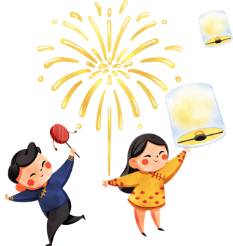 A Chinese boy playing with a rattle drum while his sister releases a sky lantern amidst fireworks, hand-drawn watercolor painting illustration png