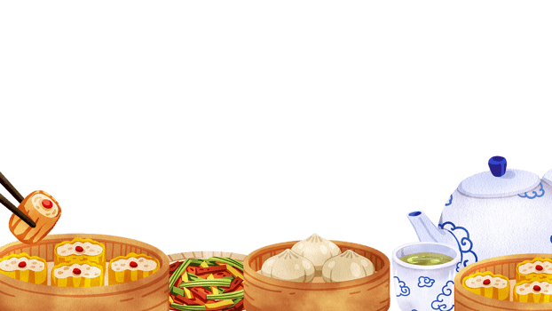 Various dim sum in small and large bamboo steamers, along with a white porcelain tea set with blue patterns in Chinese style, hand-drawn watercolor painting frame design png