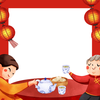 Grandson is pouring tea for grandmother at a red dining table, hand-drawn watercolor painting frame design png