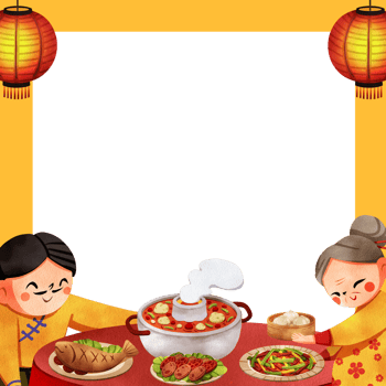 Grandmother and grandfather happily enjoying mala hot pot, fried fish, and various Chinese dishes, hand-drawn watercolor painting frame design png
