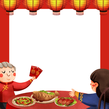 Grandmother surprises granddaughter by giving her a red envelope at the dining table, hand-drawn watercolor painting frame design png