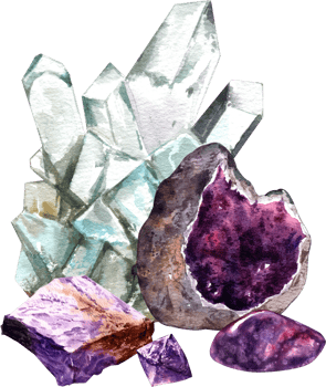 Large Amethyst, Calcite Gemstones, watercolor painting hand-drawn illustration png