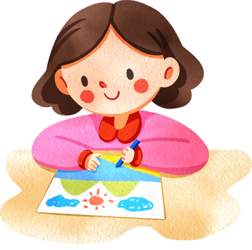 A happy short-haired girl is drawing, hand-drawn watercolor digital painting illustration png