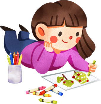 A happy long-haired girl lies on her stomach drawing with colorful crayons and pencils, hand-drawn watercolor digital painting illustration png