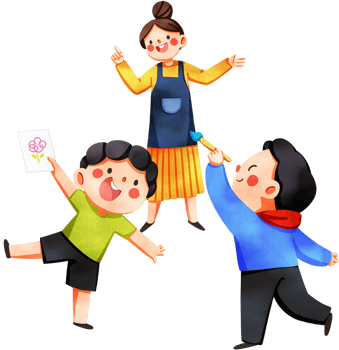 A happy woman in a yellow dress talks and smiles with boys holding up drawings and paintbrushes, hand-drawn watercolor digital painting illustration png