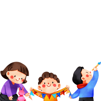 Short-haired girl making a rabbit from clay, boy showing ribbon art, and boy holding a paintbrush, hand-drawn watercolor digital painting frame design png