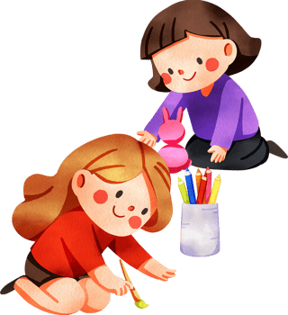 A long-haired girl in a red shirt happily draws with a paintbrush while a short-haired girl makes a clay rabbit, with colored pencils in a cup, hand-drawn digital painting watercolor illustration png