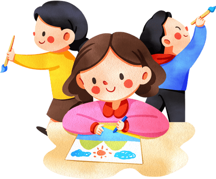 A happy short-haired girl draws as a girl in a yellow shirt and a boy in a blue shirt smile with paintbrushes, hand-drawn digital painting watercolor illustration png