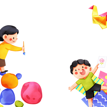 Girl in yellow shirt with paintbrush, boy holding a drawing, clay art, and origami bird, hand-drawn watercolor digital painting frame design png