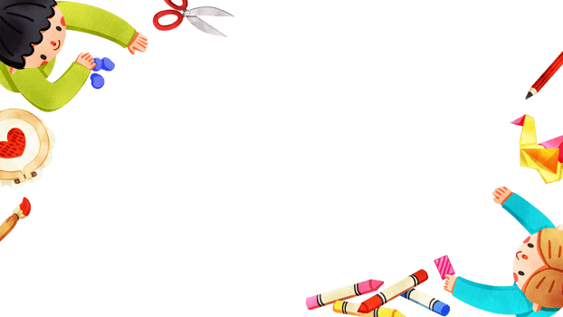 A boy molding clay, a smiling girl with pigtails, red heart embroidery, and a pile of colorful crayons, hand-drawn watercolor digital painting frame design png