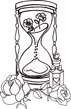 A sand clock with flowers, a hexagonal perfume bottle with a bow, and a rose about to bloom, Line art, hand-drawn line art illustration png