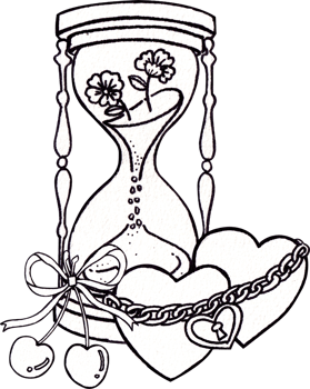 A sand clock with flowers, two linked hearts by a chain, and cherries tied with a bow, Line art, hand-drawn line art illustration png