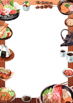 Traditional Japanese Cuisine food ,Assorted Dishes, watercolor painting hand-drawn frame design png