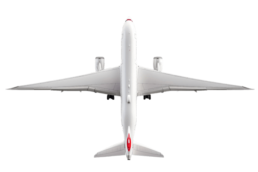 High-angle view of a commercial airplane in flight, isolated on transparent background. showing wings, engines, and fuselage details. png