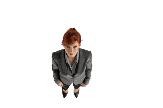 Professional businesswoman in a grey suit looking up. Concept of leadership, career or success. Isolated on a transparent background. png