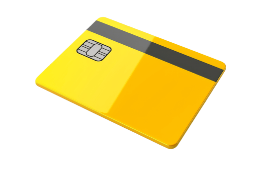 Yellow credit card with a chip and magnetic stripe, ideal for representing finance, banking, or payment concepts in a modern setting. png