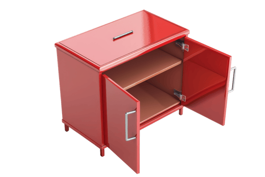Red metal cabinet with open doors and shelf, isolated on transparent background. Ideal for storage, home organization, or industrial use. png