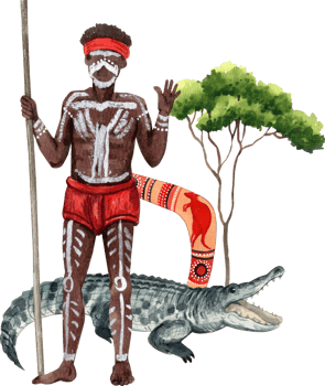 An Aboriginal man stands next to a crocodile under a tree, hand-drawn watercolor illustration png