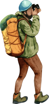 A male tourist carries a backpack and holds a camera, hand-drawn watercolor illustration png