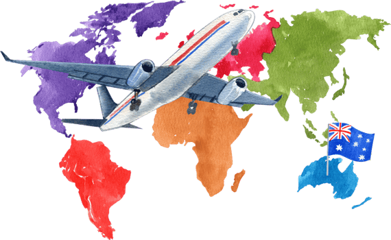 The airplane is soaring towards the beautiful continent of Australia, hand-drawn watercolor illustration png