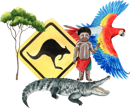 An Aboriginal child stands next to a crocodile, hand-drawn watercolor illustration png