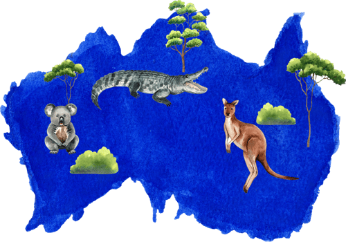 Australia is famous for its iconic animals kangaroos, crocodiles, and koalas, handdrawn watercolor illustration png