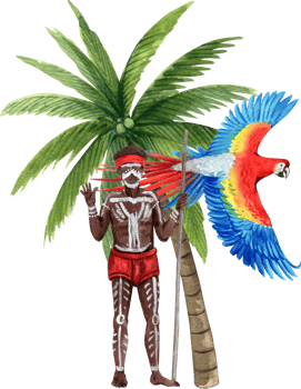 An Aboriginal man takes a photo with a macaw under a coconut tree, hand-drawn watercolor illustration png