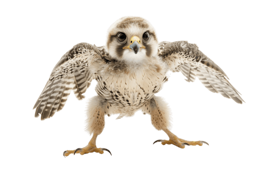 High-resolution image of a young falcon spreading its wings, isolated on transparent background. png