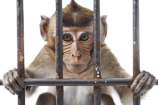 Monkey behind bars looking through the cage, portraying captivity, sadness, and confinement in a zoo or wildlife setting. png