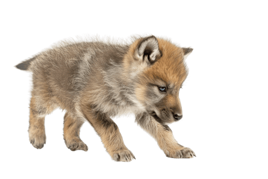 Adorable wolf puppy with brown and grey fur walking cautiously on transparent background. Cute and curious wildlife animal showcasing innocence. png