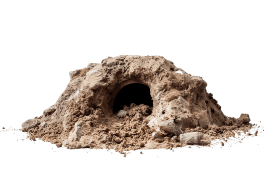 A detailed close-up stock photo of an animal burrow in the soil, showcasing the entrance and natural surroundings with genuine earthy textures. png