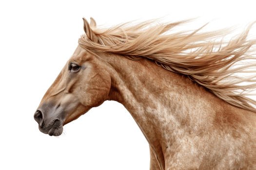 Close-up of a beautiful brown horse with flowing mane isolated on transparent background. Perfect for equestrian themes and animal-related projects. png