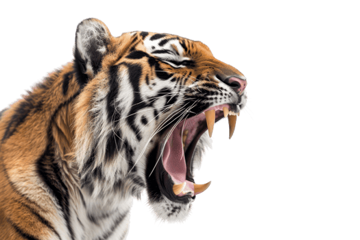 Close-up of a roaring tiger baring sharp teeth and fierce expression against a black background, showcasing wild animal strength and beauty. png