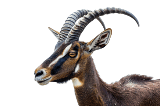 Close-up of a majestic antelope with impressive curved horns and distinctive facial markings, isolated on a transparent background. png