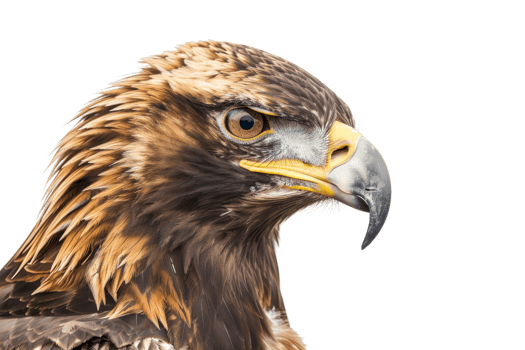 Close-up of a majestic eagle head with sharp eyes and detailed plumage against a transparent background. Perfect for wildlife and bird themed designs. png