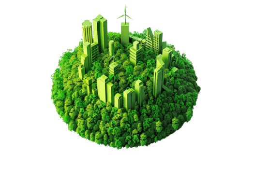 Eco-friendly city concept with modern green buildings surrounded by abundant forests, emphasizing sustainable urban development. png