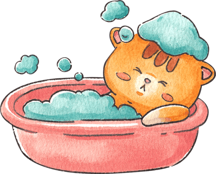 Orange cat lounging in soapy water in a bathtub, hand-drawn watercolor illustration png