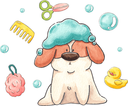 Dog bathing with a rubber duck, comb, scissors, and loofah nearby, hand-drawn watercolor painting illustration png