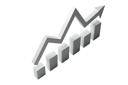 3D bar graph with an upward trend arrow signifying financial growth, business advancement, and success in commercial ventures. png