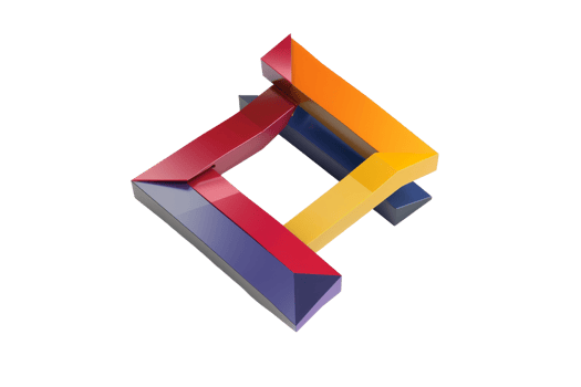 Colorful abstract geometric shape with interlocking design, featuring vibrant red, orange, yellow, and purple hues on a transparent background. png