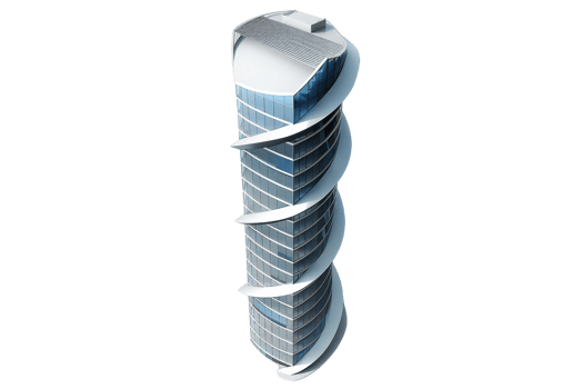 Modern high-rise skyscraper with spiral architectural design, glass facade, and unique rooftop structure. png