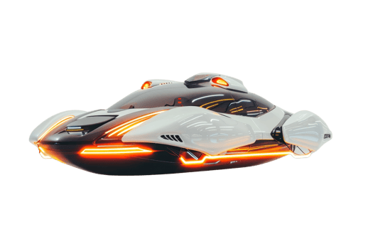 Futuristic hover car with sleek design, glowing orange lights, and advanced technology, isolated on a transparent background. Sci-fi transportation concept. png