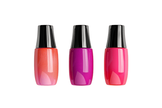 Three vibrant nail polish bottles in orange, purple, and pink shades, isolated on a transparent background. Perfect for beauty and fashion themes. png