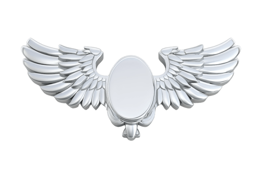 Silver metallic winged emblem with an empty center, symbolizing freedom and elegance. Ideal for logo design, branding, or decorative purposes. png