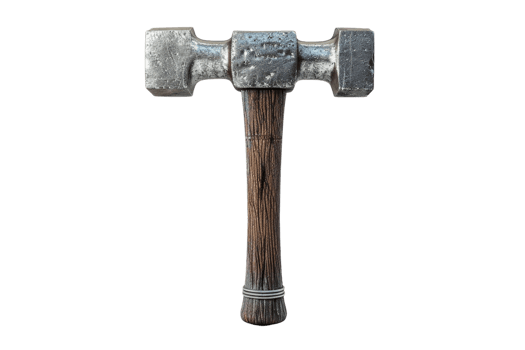 Close-up of a rugged double-sided hammer with a wooden handle, showcasing its age and use, isolated against a transparent background. png