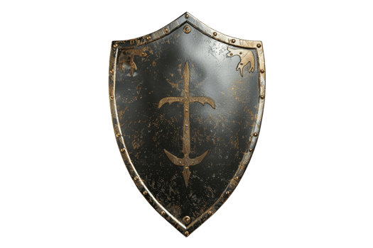 Vintage medieval shield with cross, worn and rusted, representing ancient armor, isolated on transparent background. symbol of protection. png
