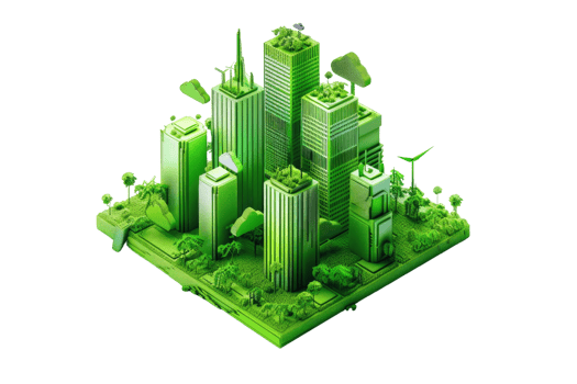 A digital illustration of an eco-friendly cityscape with green skyscrapers, representing sustainability and environmental consciousness. png