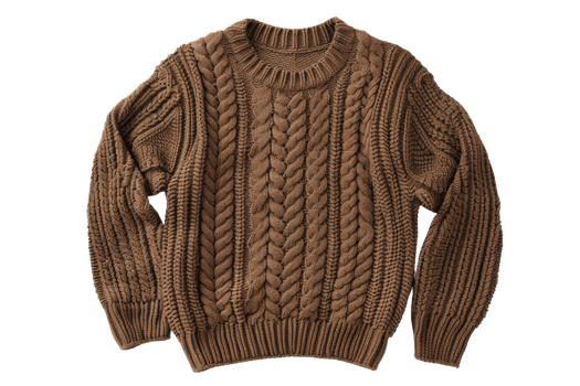 Brown knitted sweater with intricate cable patterns, perfect for cozy autumn and winter days. Stylish, warm, and comfortable for casual wear. png