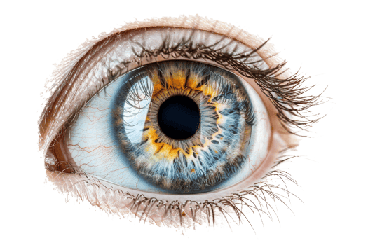 Close-up of a captivating blue and yellow human eye with detailed textures, highlighting the iris's intricate patterns and vibrant colors. png