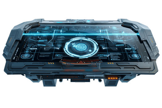 Futuristic digital interface on an advanced technology control panel with holographic blueprints and interactive elements, isolated on white. png